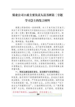 煤业公司D政主要负责人读书班第二专题学习会上的发言材料