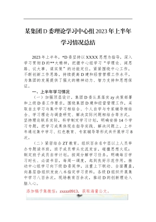 某集团D委理论学习中心组2023年上半年学习情况总结