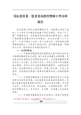 某纪委常委、监委委员教育整顿D性分析报告