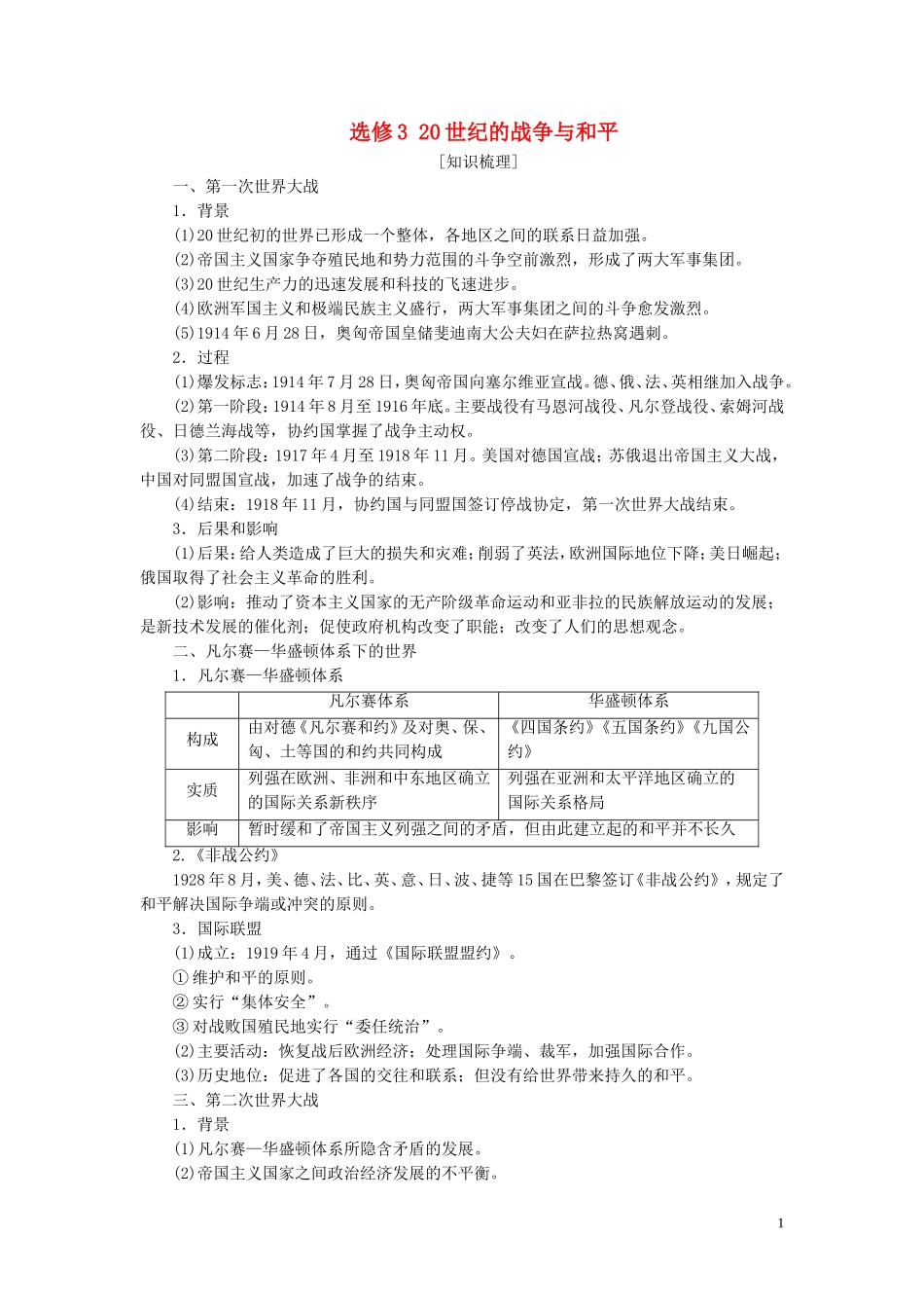 高考历史大一轮复习 选修模块 选修3 20世纪的战争与和平教学案 北师大版-北师大版高三选修3历史教学案_第1页
