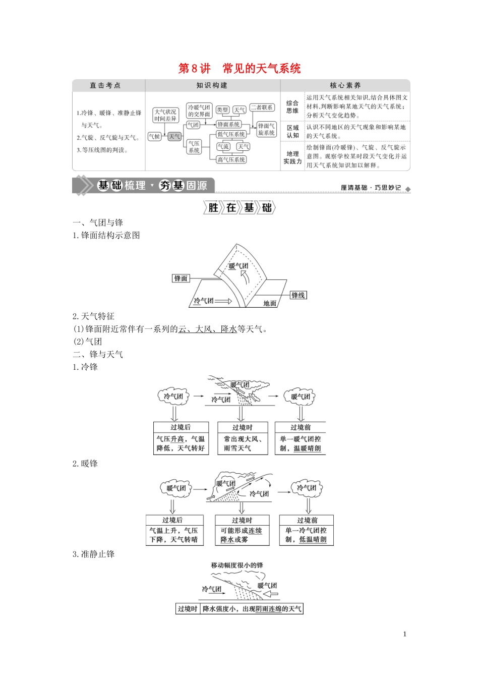 高考地理一轮复习 第二章 自然地理环境中的物质运动和能量交换 第8讲 常见的天气系统教学案 中图版-中图版高三全册地理教学案_第1页