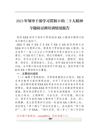 2023年领导干部学习贯彻D的二十大精神专题研讨班培训情况报告