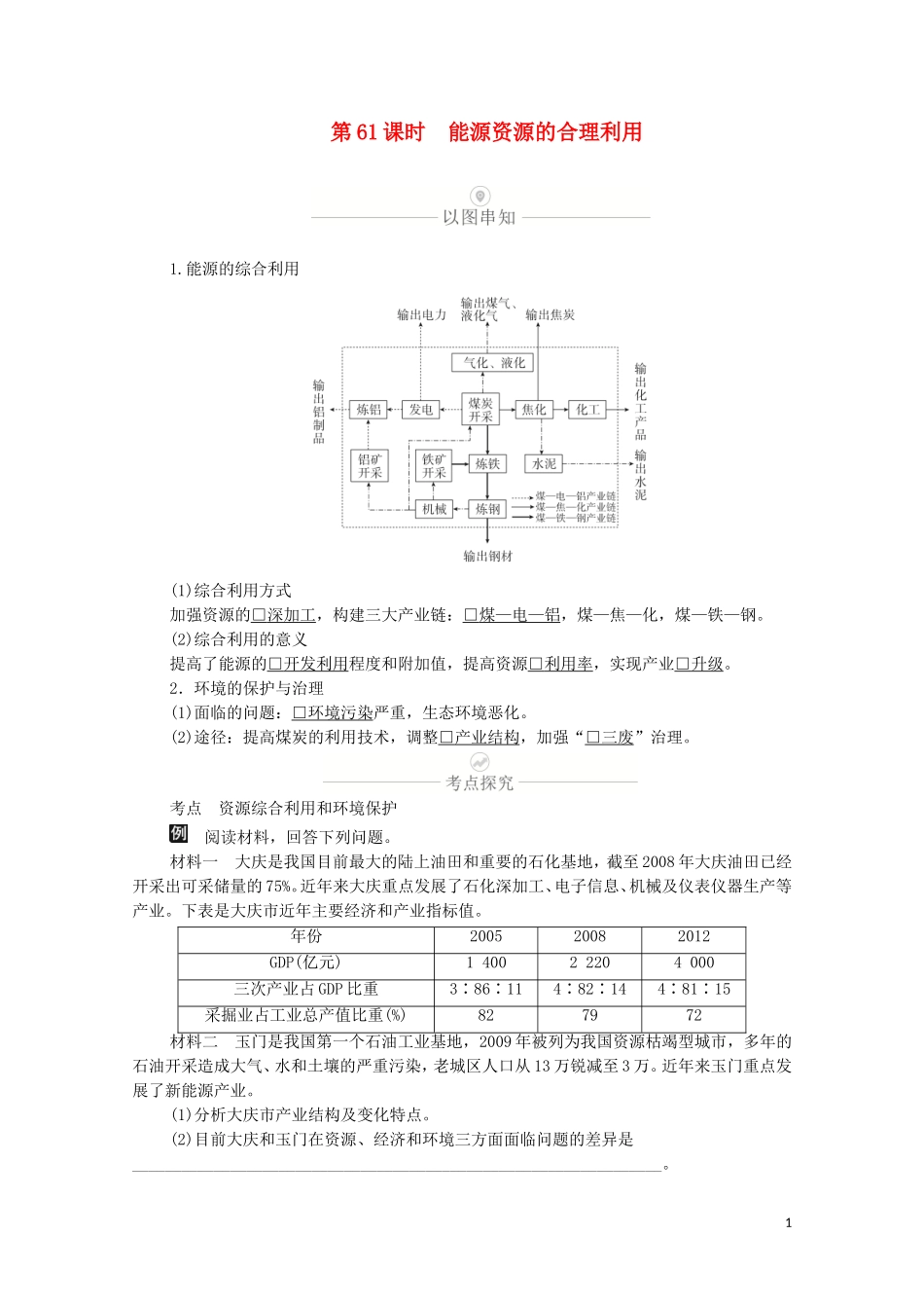 高考地理一轮复习 第十九讲 自然资源的开发利用 第61课时 能源资源的合理利用教学案（含解析）-人教版高三全册地理教学案_第1页