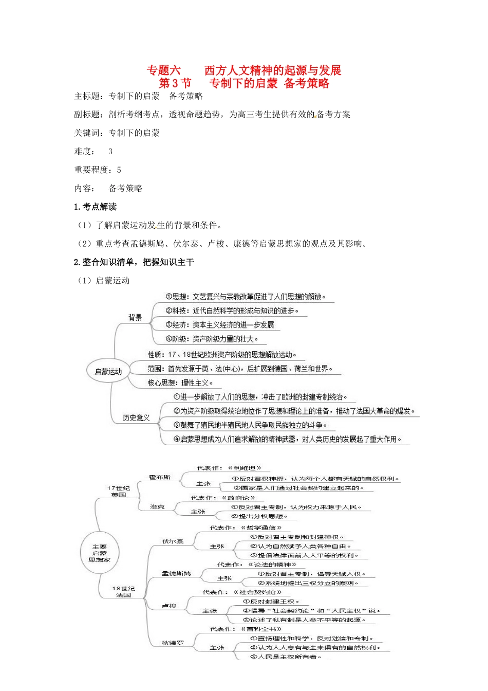 高考历史复习 专题06 第3节 专制下的启蒙备考策略-人教版高三全册历史素材_第1页