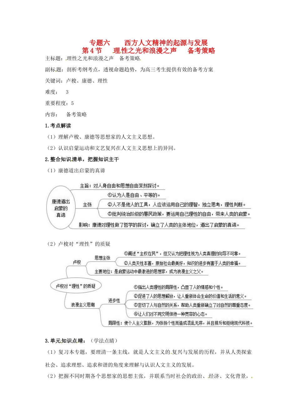 高考历史复习 专题06 第4节 理性之光和浪漫之声备考策略-人教版高三全册历史素材_第1页