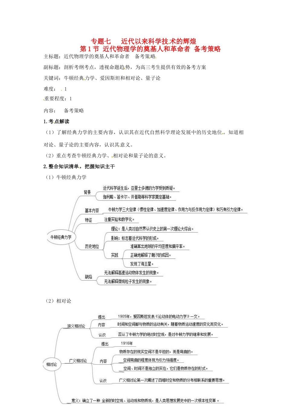高考历史复习 专题07 第1节 近代物理学的奠基人和革命者备考策略-人教版高三全册历史素材_第1页