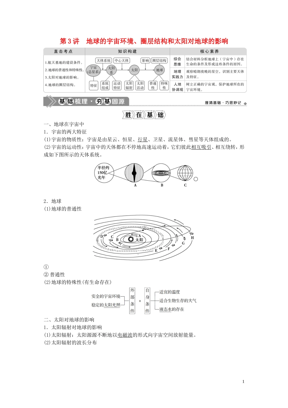 高考地理一轮复习 第一章 宇宙中的地球 第3讲 地球的宇宙环境、圈层结构和太阳对地球的影响教学案 中图版-中图版高三全册地理教学案_第1页