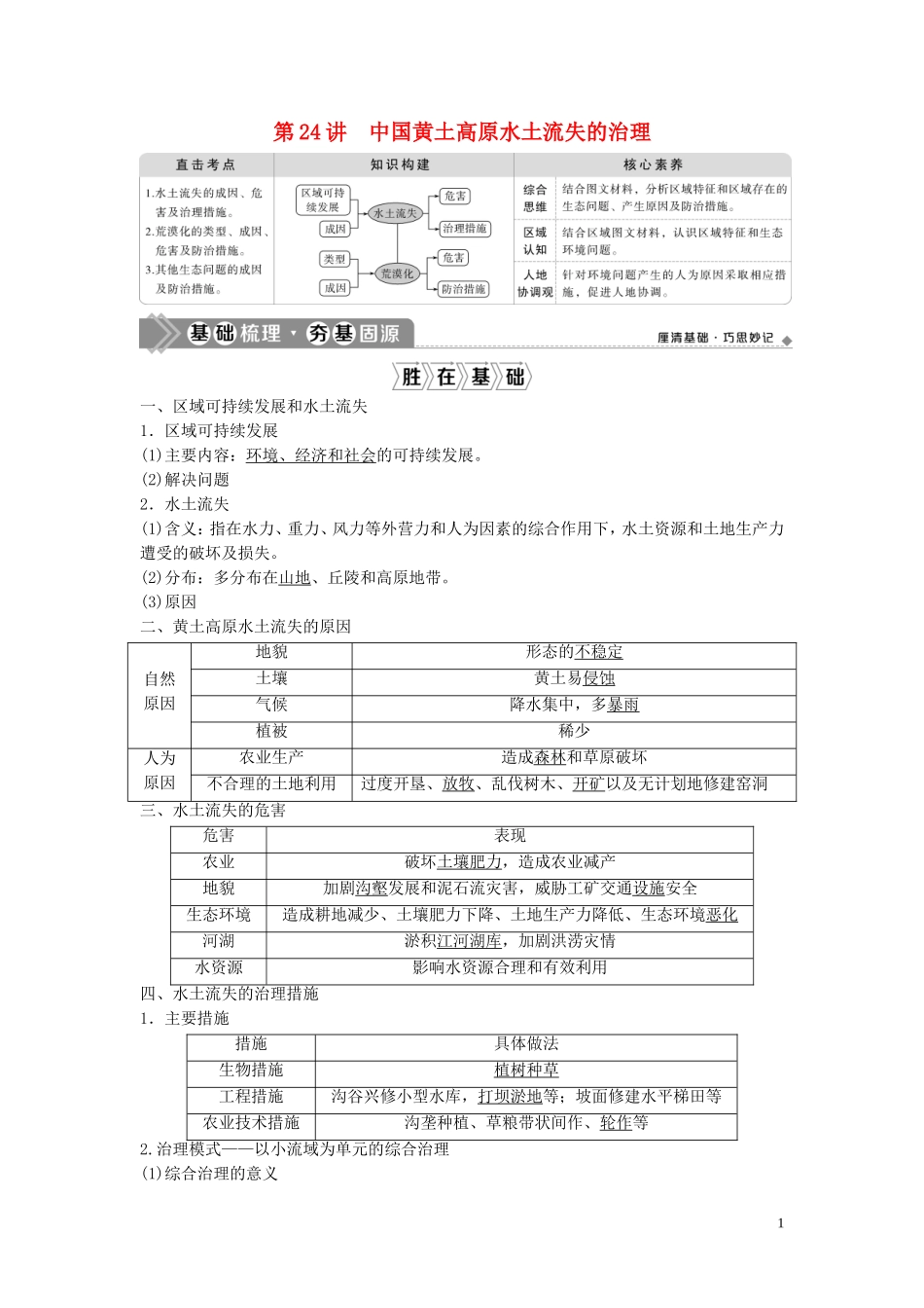 高考地理一轮复习 第十章 区域可持续发展 第24讲 中国黄土高原水土流失的治理教学案 中图版-中图版高三全册地理教学案_第1页