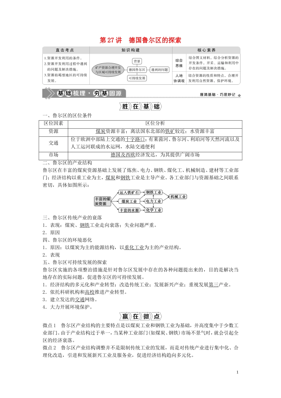 高考地理一轮复习 第十章 区域可持续发展 第27讲 德国鲁尔区的探索教学案 中图版-中图版高三全册地理教学案_第1页