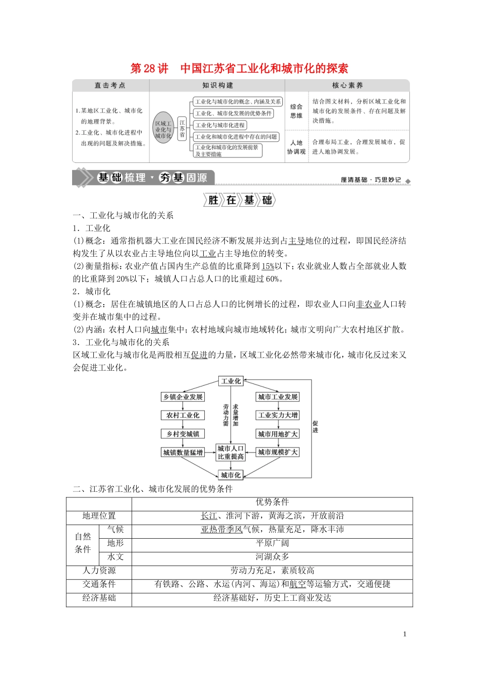 高考地理一轮复习 第十章 区域可持续发展 第28讲 中国江苏省工业化和城市化的探索教学案 中图版-中图版高三全册地理教学案_第1页