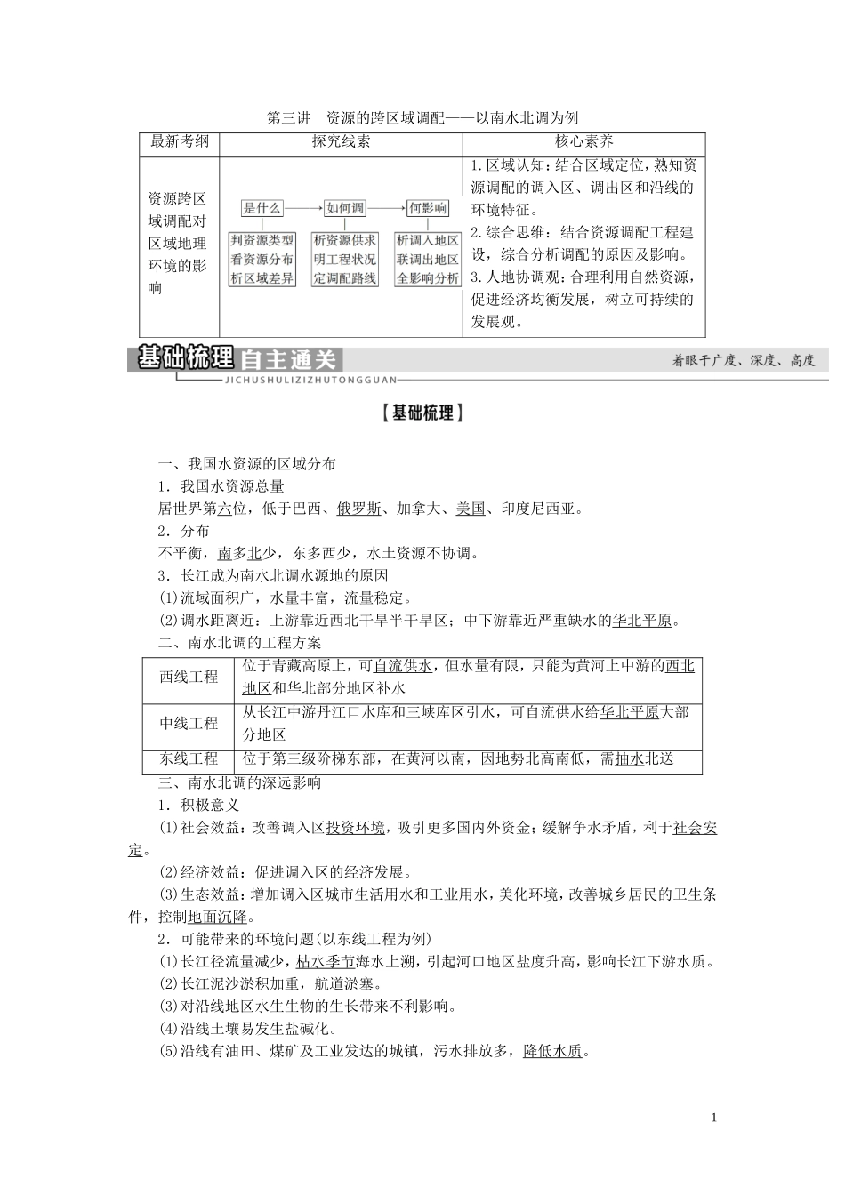 高考地理大一轮复习 第3部分 第11单元 区域资源、环境与可持续发展 第3讲 资源的跨区域调配——以南水北调为例教学案 鲁教版-鲁教版高三全册地理教学案_第1页