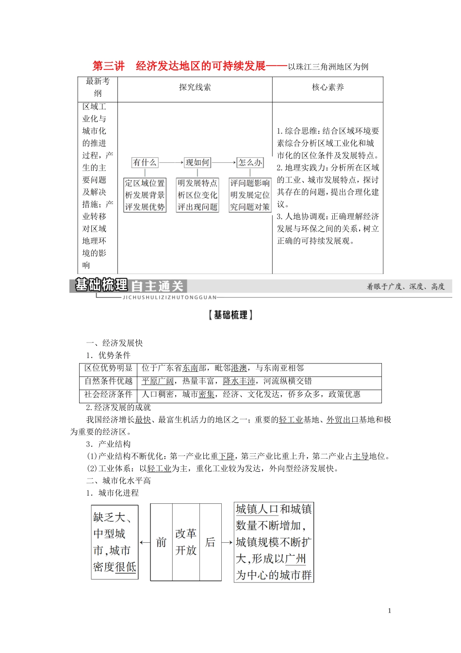高考地理大一轮复习 第3部分 第12单元 区域综合开发与可持续发展 第3讲 经济发达地区的可持续发展——以珠江三角洲地区为例教学案 鲁教版-鲁教版高三全册地理教学案_第1页