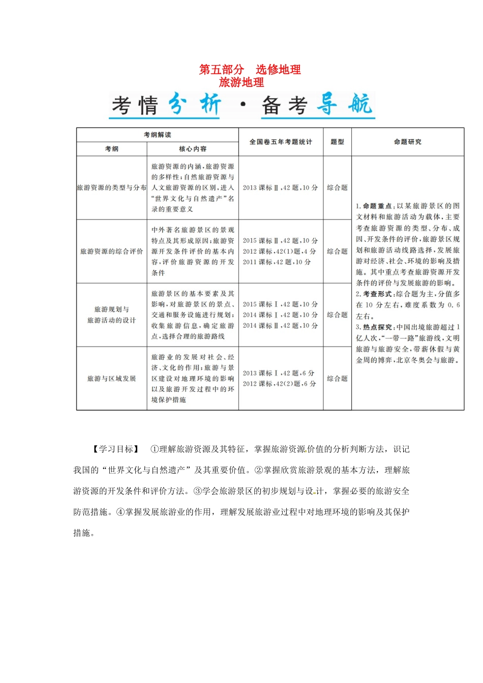 高考地理一轮复习 第五部分 选修地理 旅游地理学案（选修3）-人教版高三选修3地理学案_第1页