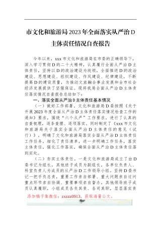 市文化和旅游局2023年全面落实从严治D主体责任情况自查报告