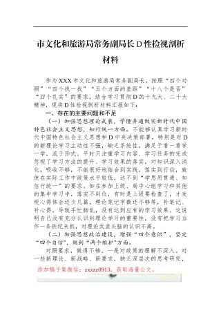 市文化和旅游局常务副局长D性检视剖析材料
