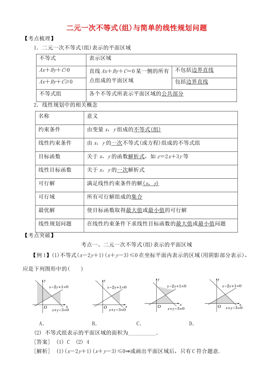 高考数学 考点突破——不等式：二元一次不等式（组）与简单的线性规划问题学案-人教版高三全册数学学案_第1页