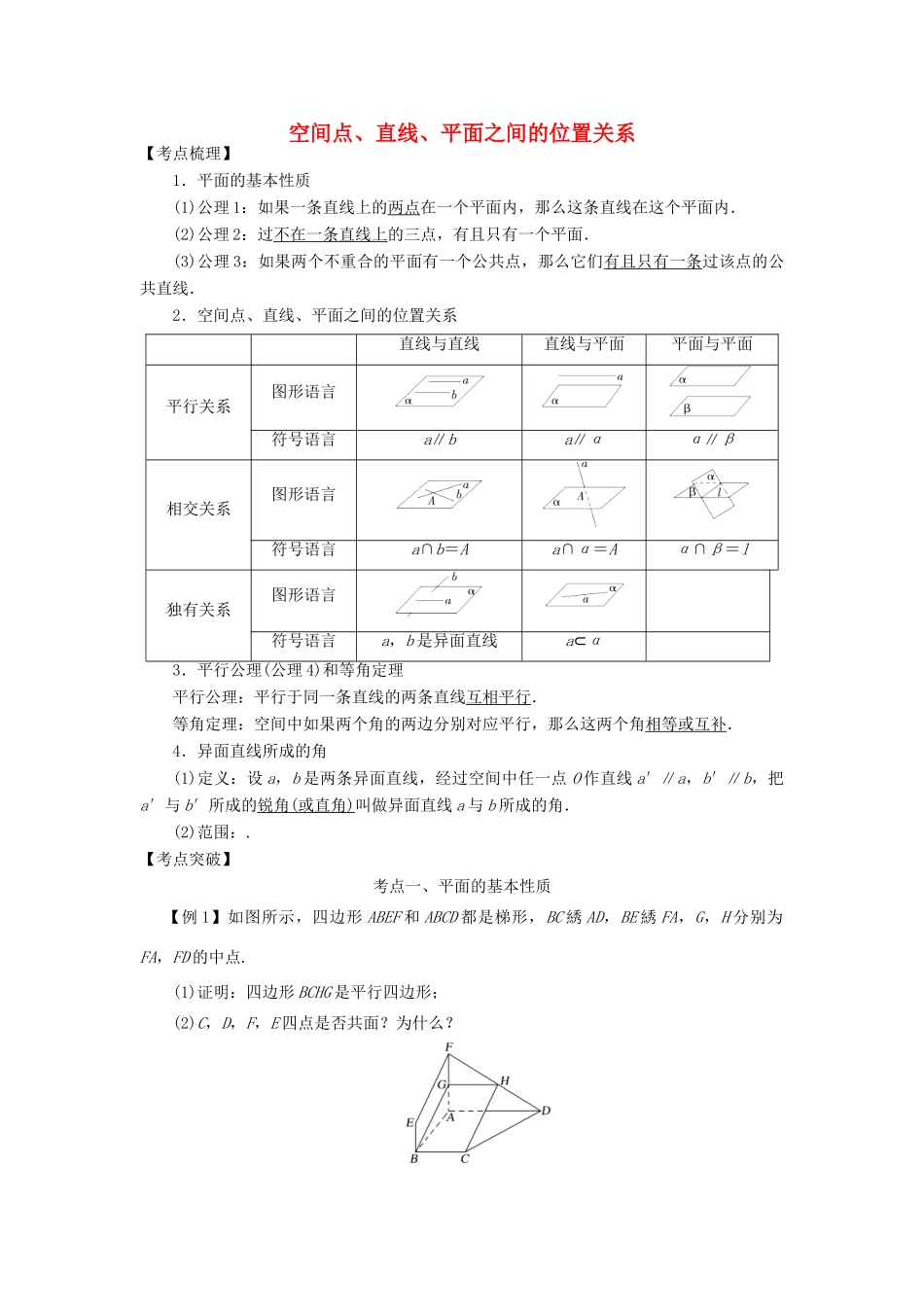 高考数学 考点突破——立体几何初步：空间点、直线、平面之间的位置关系学案-人教版高三全册数学学案_第1页