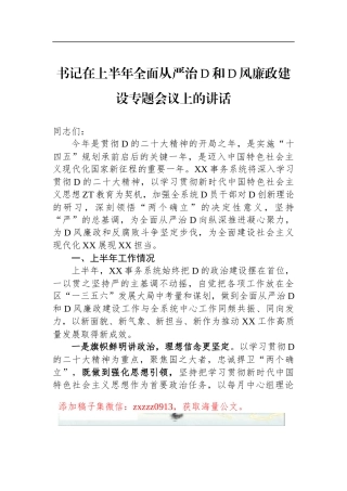 书记在上半年全面从严治D和D风廉政建设专题会议上的讲话