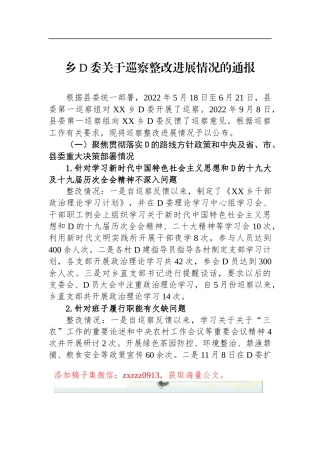 乡D委关于巡察整改进展情况的通报1