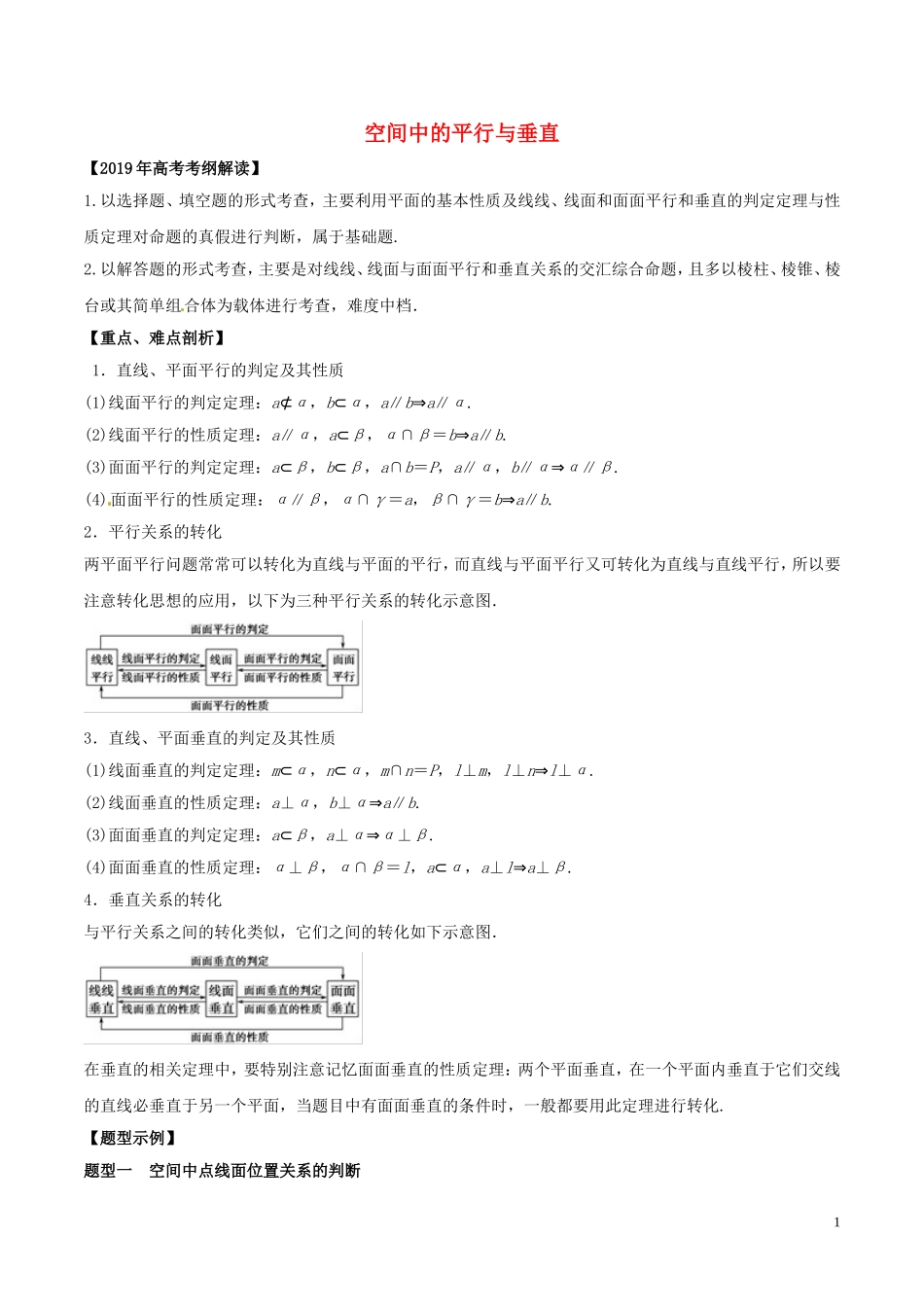 高考数学 考纲解读与热点难点突破 专题14 空间中的平行与垂直教学案 理（含解析）-人教版高三全册数学教学案_第1页