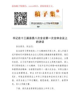 书记在十三届县委八次全会第一次全体会议上的讲话