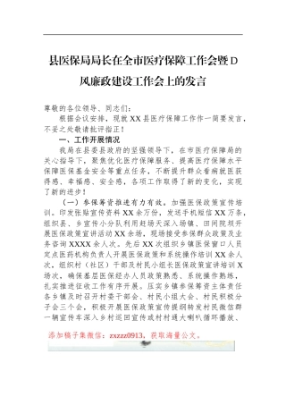 县医保局局长在全市医疗保障工作会暨D风廉政建设工作会上的发言
