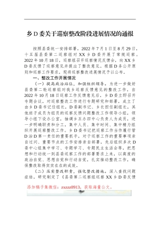 乡D委关于巡察整改阶段进展情况的通报2