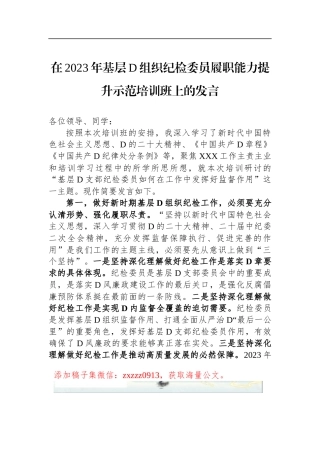 在2023年基层D组织纪检委员履职能力提升示范培训班上的发言