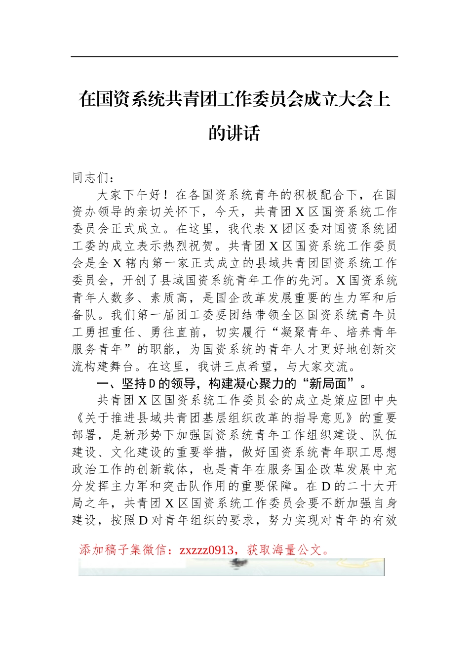 在国资系统共青团工作委员会成立大会上的讲话_第1页