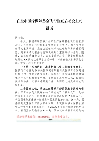 在全市医疗保障基金飞行检查启动会上的讲话