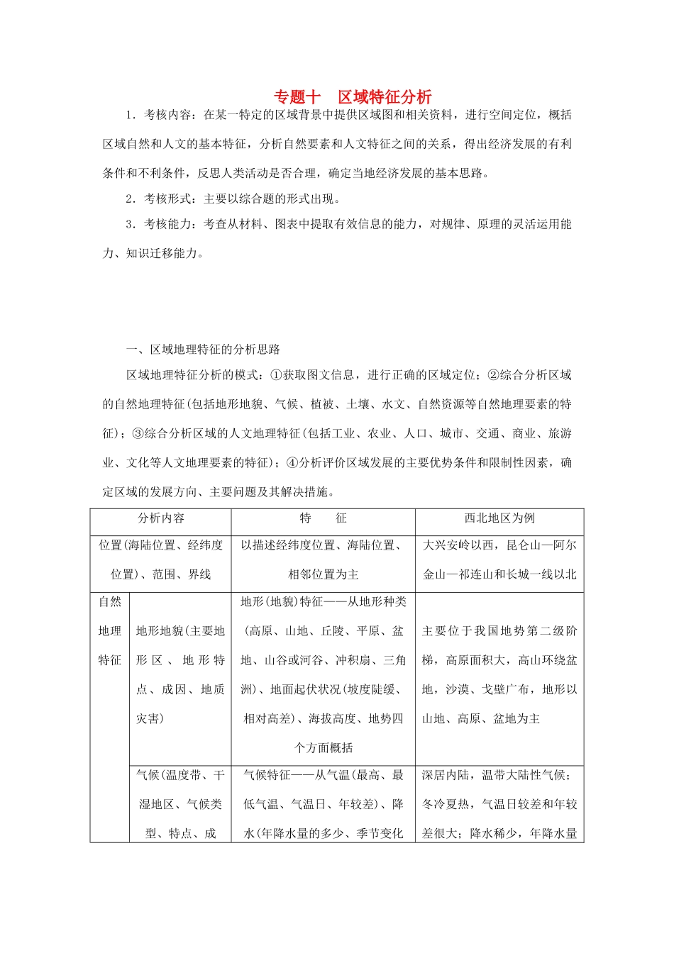 高考地理二轮复习 专题十 区域特征分析考点概述素材-人教版高三全册地理素材_第1页