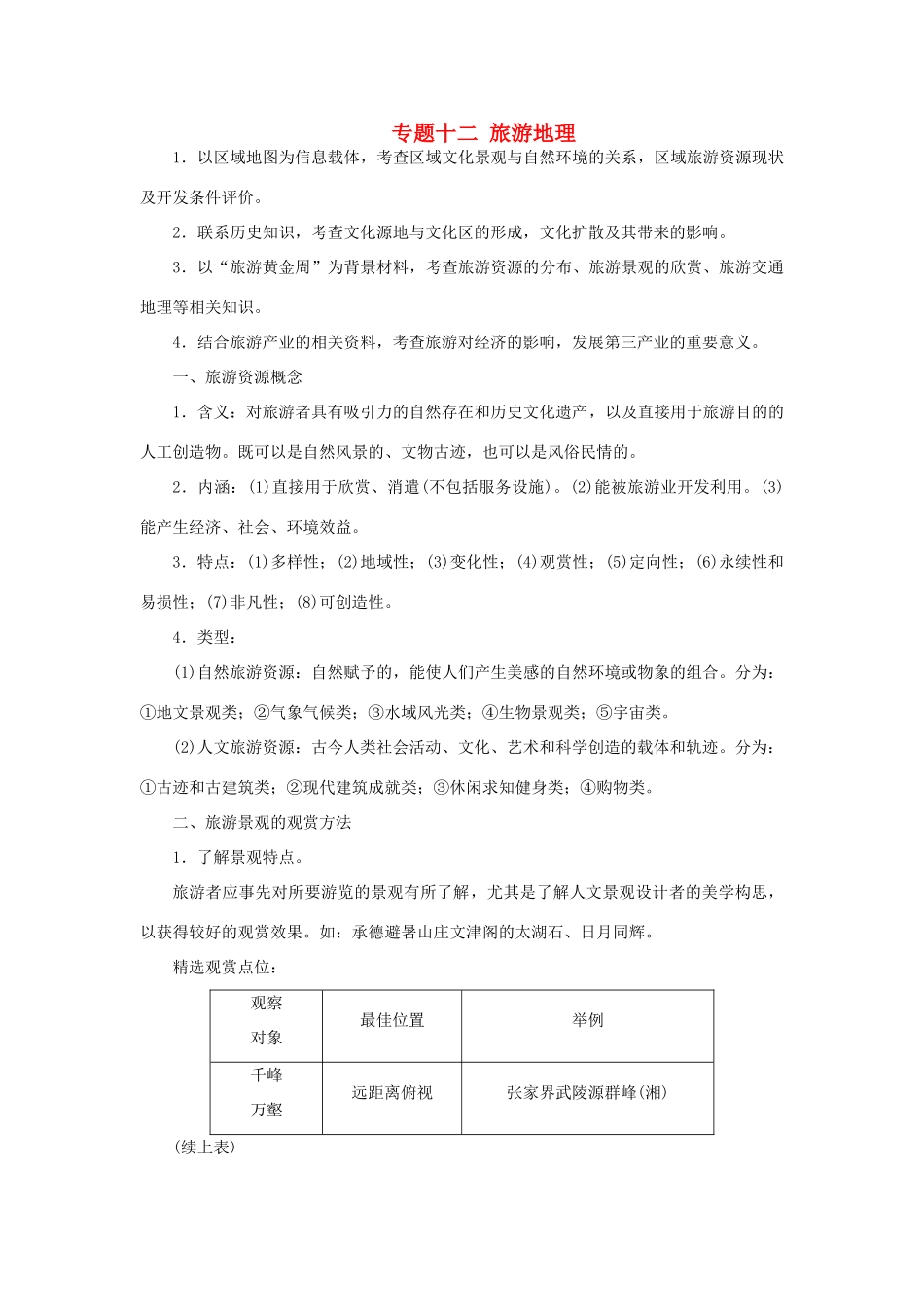 高考地理二轮复习 专题十二 旅游地理考点概述素材-人教版高三全册地理素材_第1页