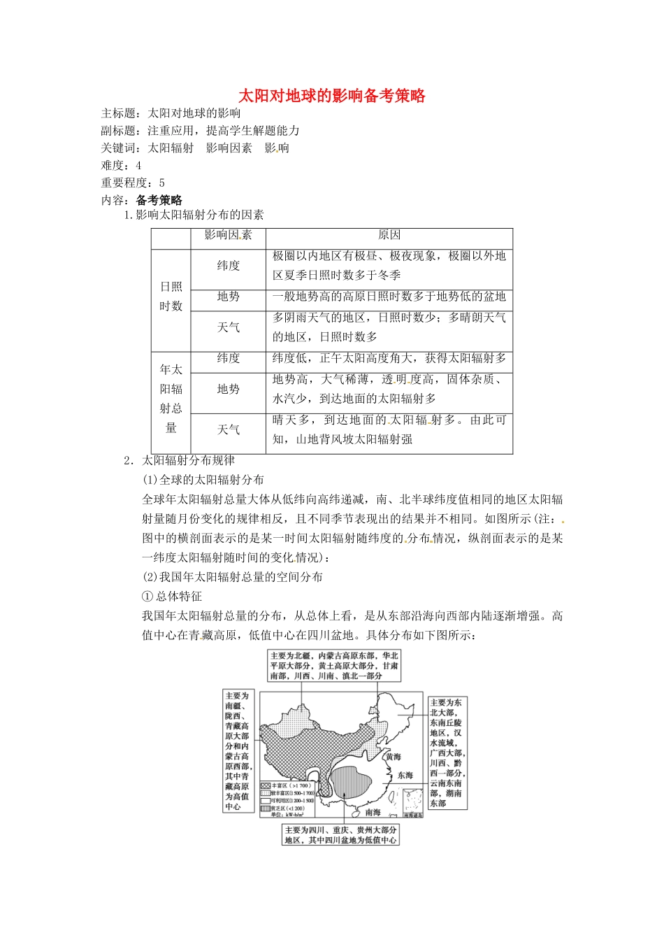 高考地理复习 专题01 地球与地图 太阳对地球的影响备考策略-人教版高三全册地理素材_第1页