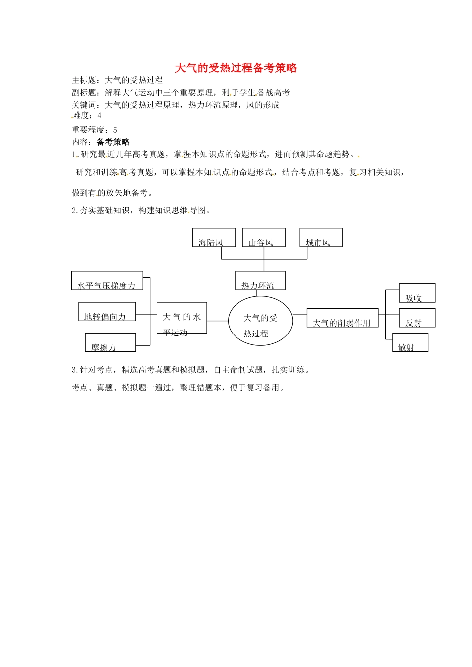 高考地理复习 专题02 自然环境中的物质运动和能量交换 大气的受热过程备考策略-人教版高三全册地理素材_第1页