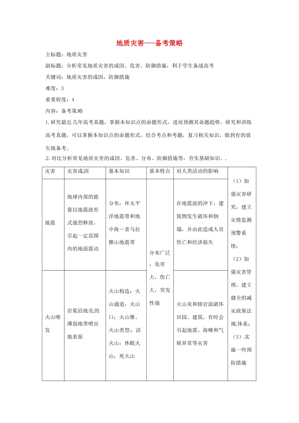 高考地理复习 专题11 自然灾害与防治 地质灾害备考策略-人教版高三全册地理素材_第1页