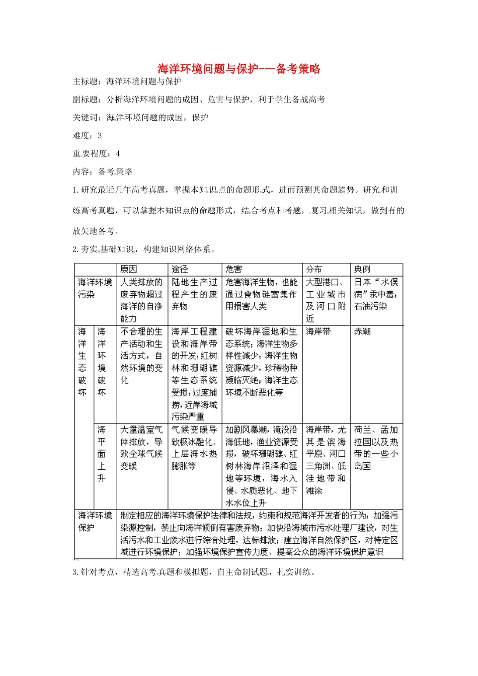 高考地理复习 专题14 海洋地理 海洋环境问题与保护备考策略-人教版高三全册地理素材_第1页