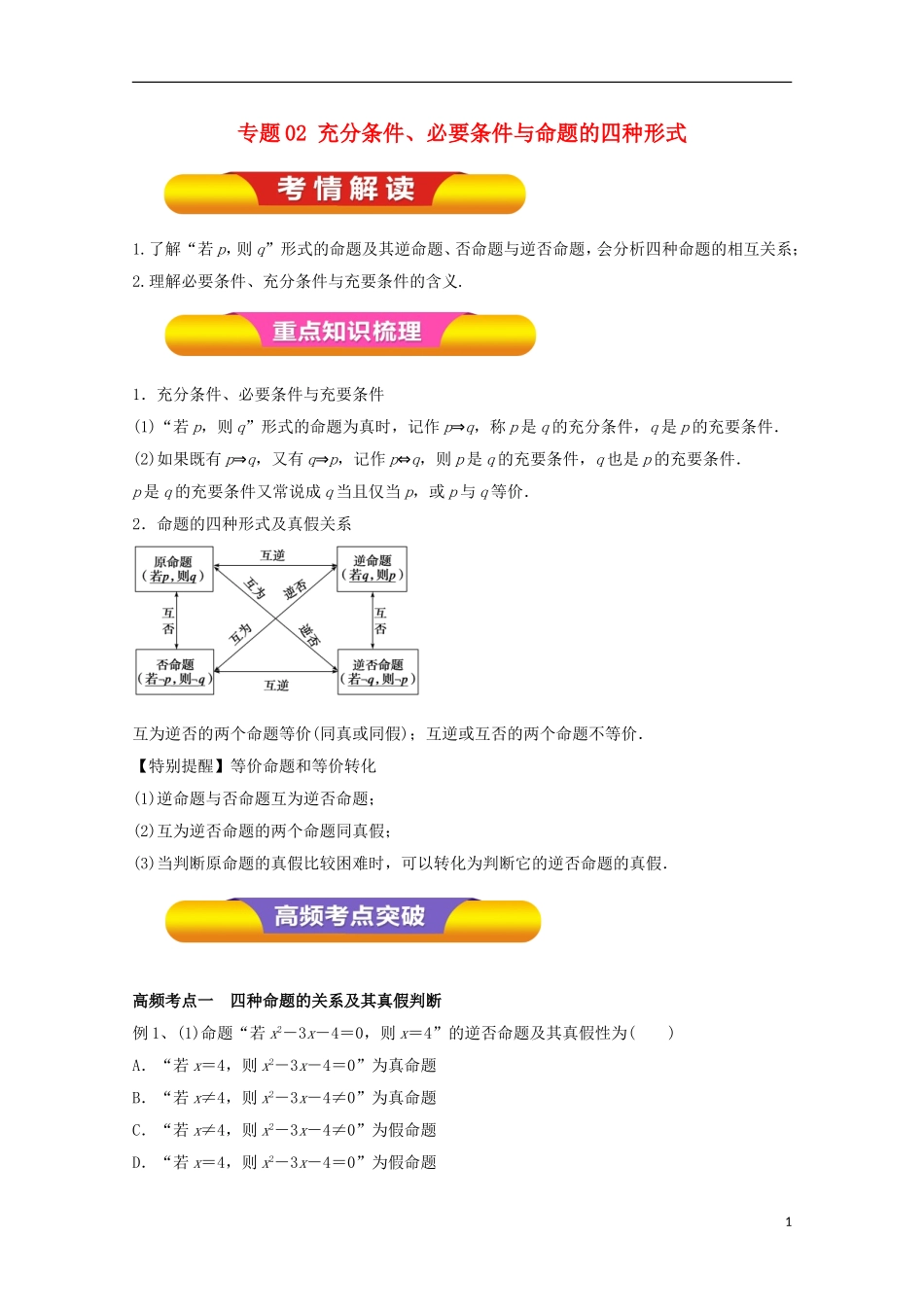 高考数学一轮复习 专题02 充分条件、必要条件与命题的四种形式教学案 文-人教版高三全册数学教学案_第1页