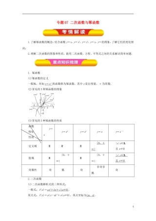 高考数学一轮复习 专题07 二次函数与幂函数教学案 理-人教版高三全册数学教学案
