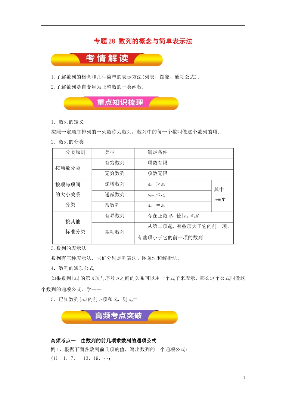 高考数学一轮复习 专题28 数列的概念与简单表示法教学案 理-人教版高三全册数学教学案_第1页