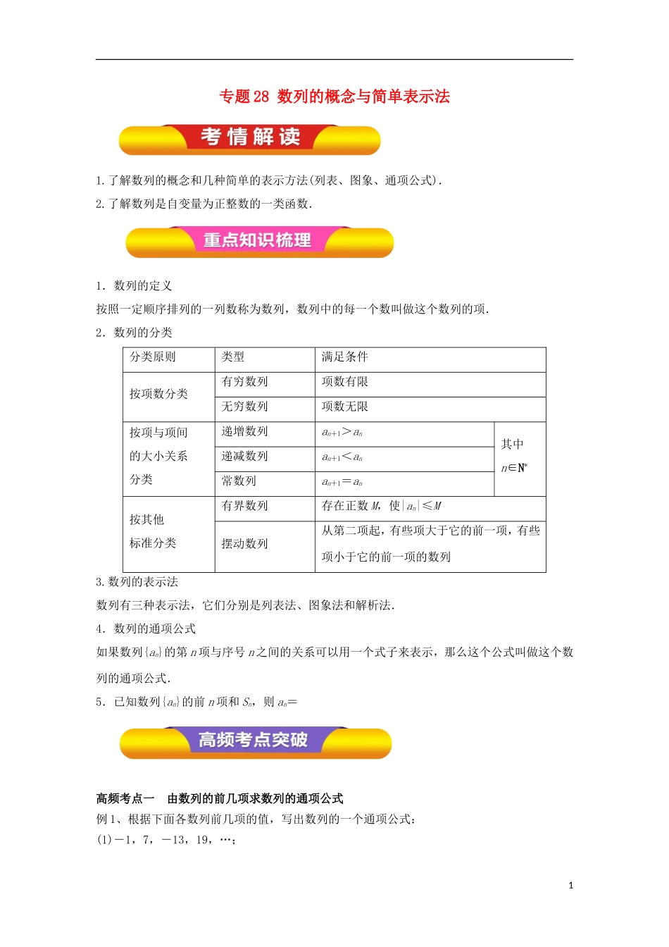 高考数学一轮复习 专题28 数列的概念与简单表示法教学案 文-人教版高三全册数学教学案_第1页