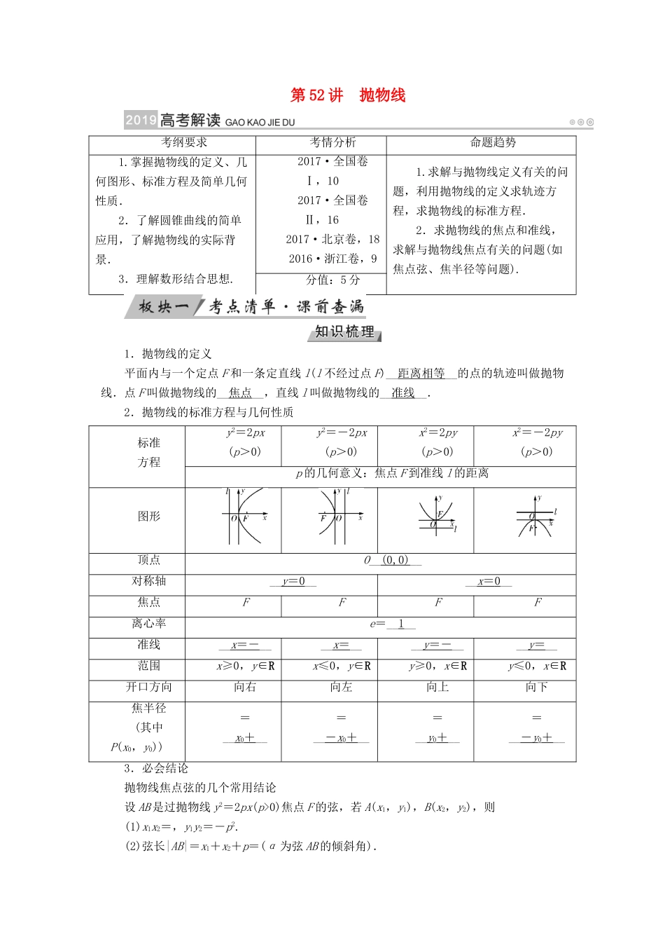 高考数学一轮复习 第八章 解析几何 第52讲 抛物线学案-人教版高三全册数学学案_第1页