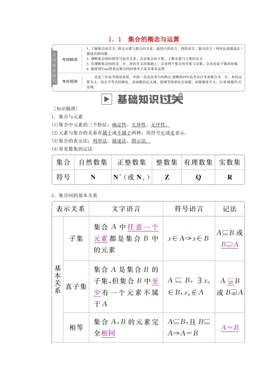 高考数学一轮复习 第1章 集合与常用逻辑用语 1.1 集合的概念与运算学案 理-人教版高三全册数学学案_第1页