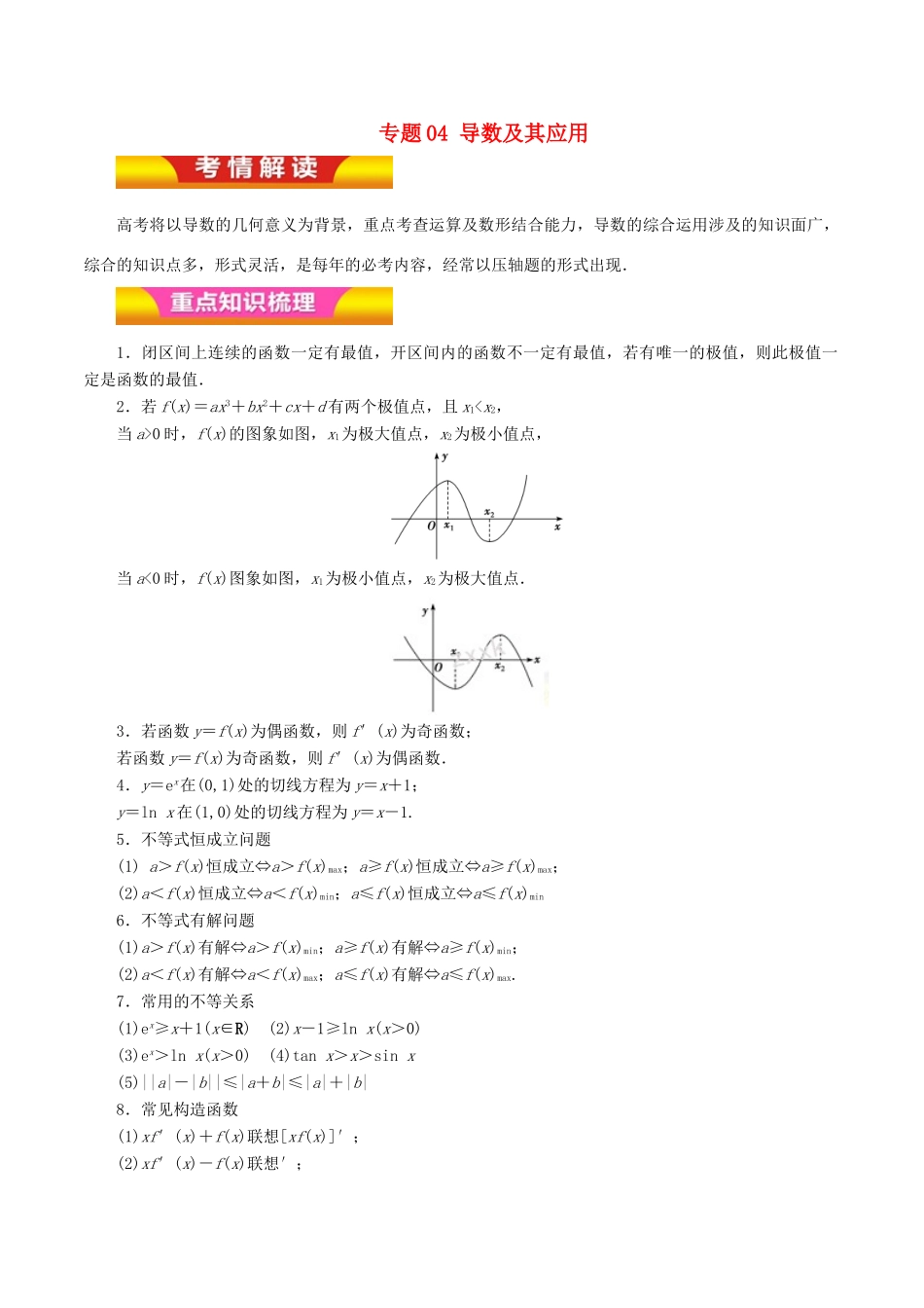 高考数学二轮复习 专题04 导数及其应用讲学案 文-人教版高三全册数学学案_第1页