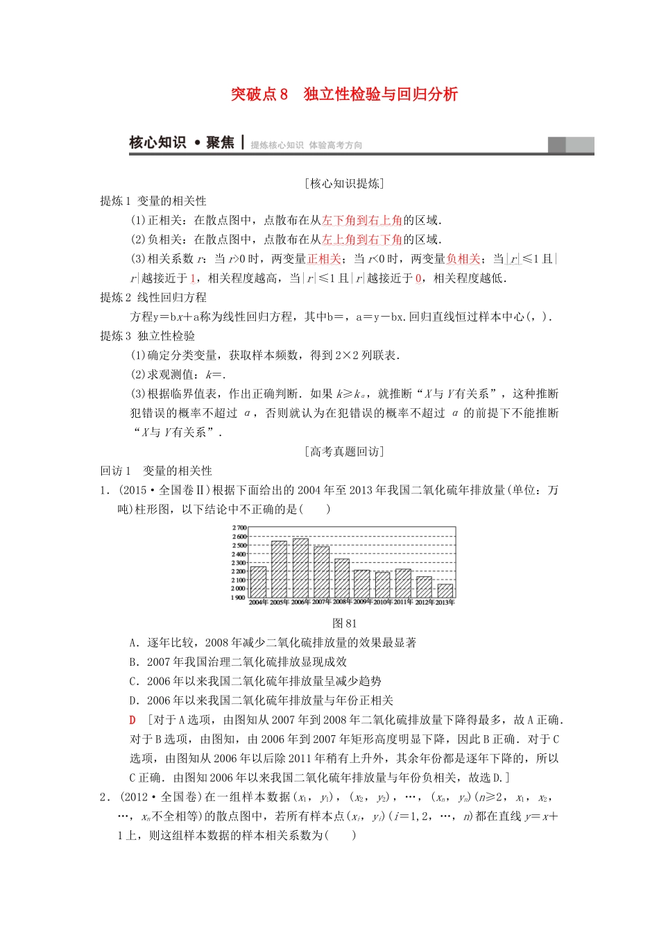 高考数学二轮复习 第1部分 重点强化专题 专题3 概率与统计 突破点8 独立性检验与回归分析学案 文-人教版高三全册数学学案_第1页