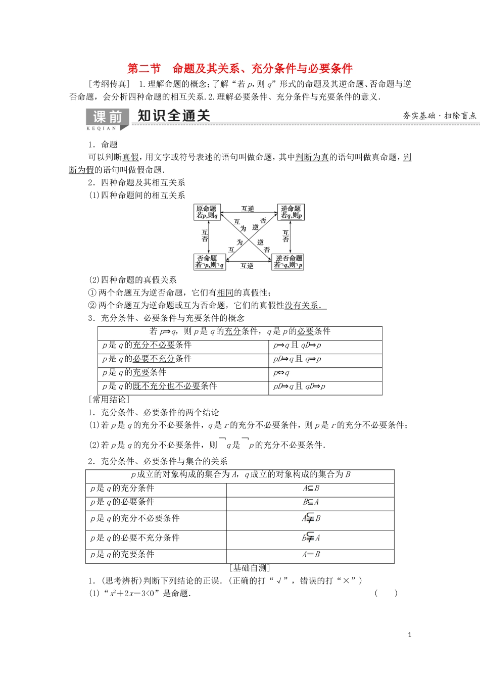 高考数学一轮复习 第1章 集合与常用逻辑用语 第2节 命题及其关系、充分条件与必要条件教学案 文（含解析）北师大版-北师大版高三全册数学教学案_第1页