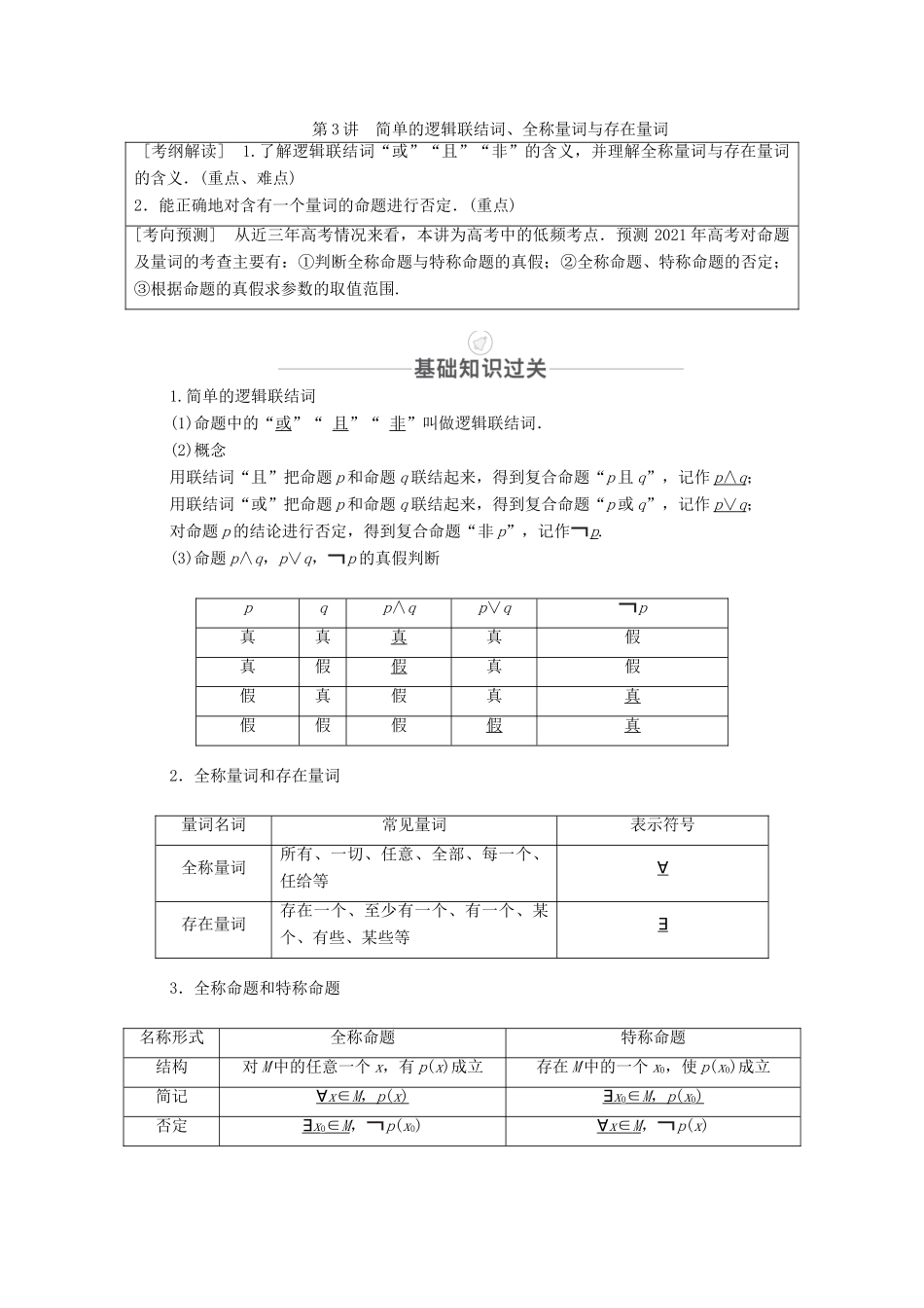 高考数学一轮复习 第1章 集合与常用逻辑用语 第3讲 简单的逻辑联结词、全称量词与存在量词创新教学案（含解析）新人教版-新人教版高三全册数学教学案_第1页