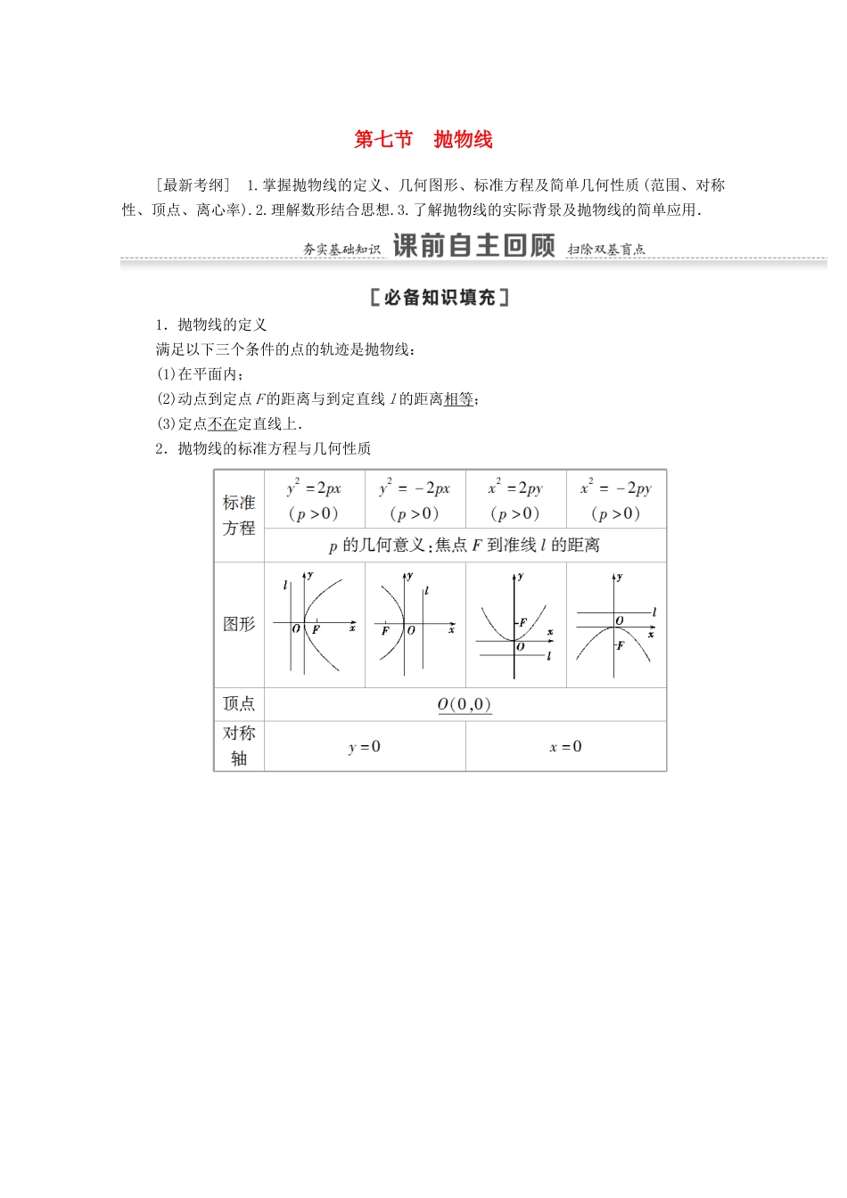 高考数学一轮复习 第八章 平面解析几何 8.7 抛物线教学案 苏教版-苏教版高三全册数学教学案_第1页