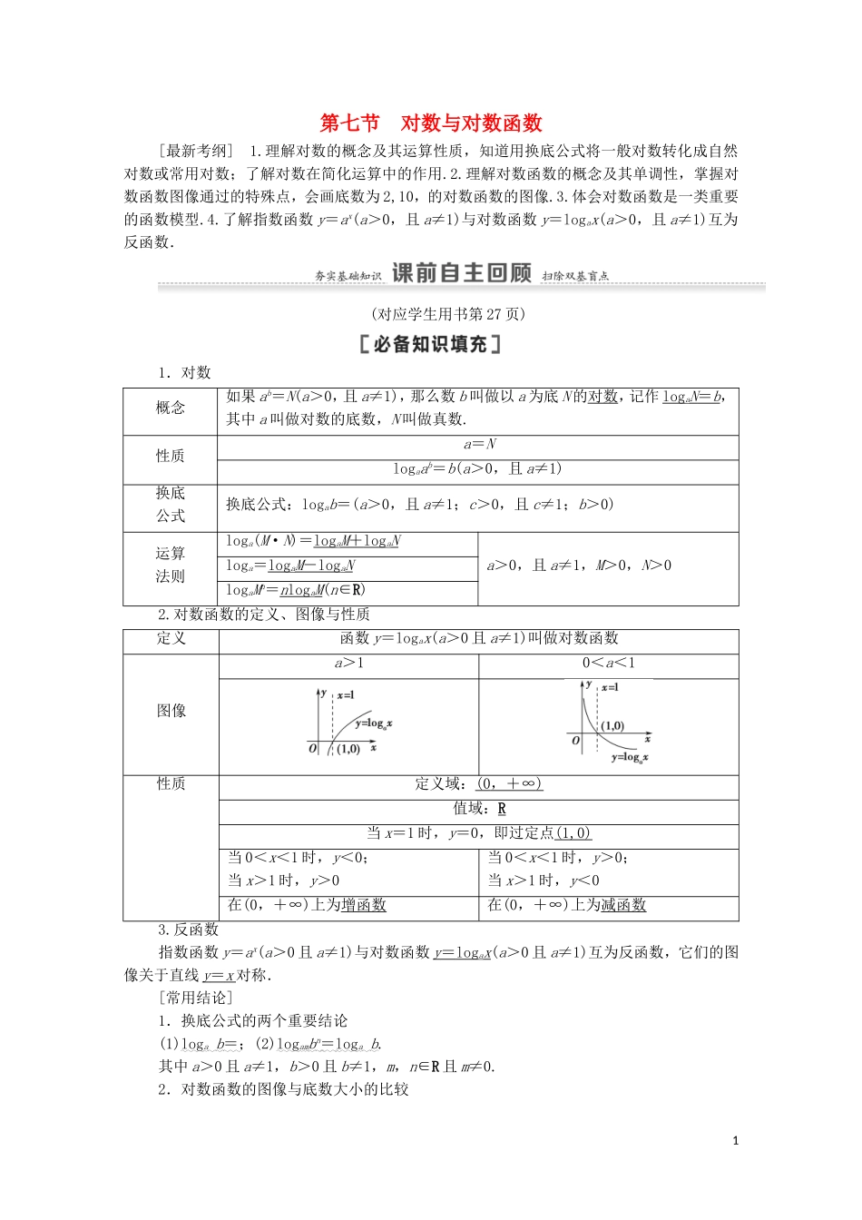 高考数学一轮复习 第2章 函数 第7节 对数与对数函数教学案 文 北师大版-北师大版高三全册数学教学案_第1页