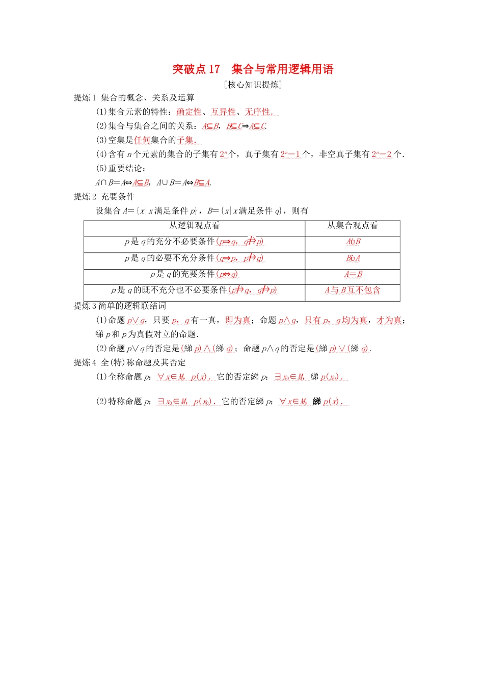 高考数学二轮复习 第2部分 必考补充专题 突破点17 集合与常用逻辑用语学案 文-人教版高三全册数学学案_第1页