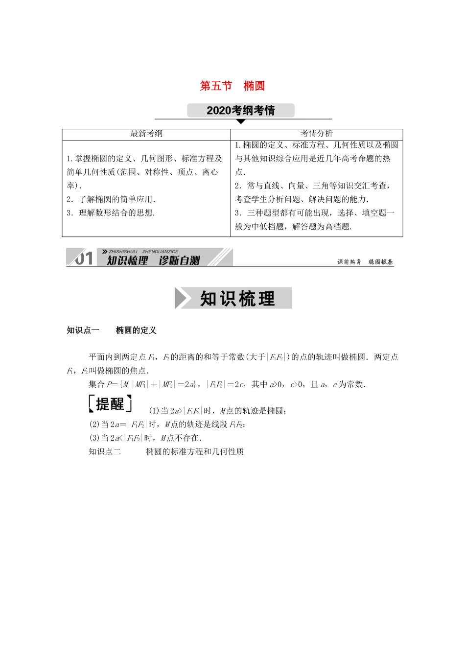 高考数学一轮复习 第八章 平面解析几何 第五节 椭圆 第1课时 椭圆及其几何性质学案（含解析）新人教B版-新人教B版高三全册数学学案_第1页